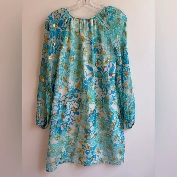 Lily Pulitzer silk tunic dress with blue floral and metallic pattern, spring! - Picture 2 of 10